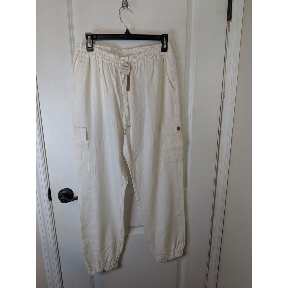 Love Tree Women Off White Linen Blend Cargo Joggers Pants Large NWT